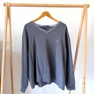 Vintage Polo Ralph Lauren Varsity Stripe V-neck Sweater in Light Gray - XXL